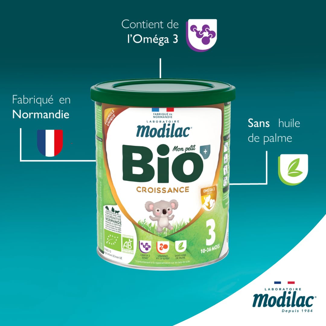 Modilac Latte in polvere per bambini Bio+ Crescita - Latte francese ricco di acidi grassi essenziali, certificato AB, prodotto in Francia senza olio di palma - 12-36 mesi - 800 g