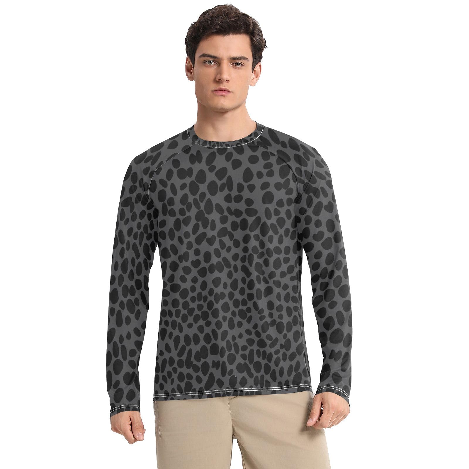 Black Leopard Print Mens Rash Guard Sun Protection UPF 50+ Sun Shirt Quick Dry Long Sleeve Swim Shirts, Small