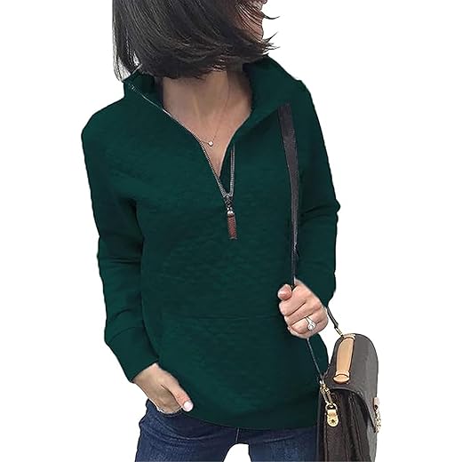 BTFBM Women Fashion Sweatshirts Quilted Pattern Lightweight Zipper Long Sleeve Plain Casual Christmas Pullovers Shirts Tops (Dark Green, Medium)