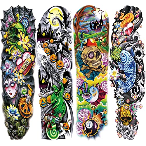 Briyhose Colorful Temporary Tattoos Sleeve For Kid, Full Arm Large Realistic Fake Sleeve Tattoo Stickers For Women Kids Party Favors, Watercolor Halloween Temp Tatoo Boys Girls Leg Body Art, 4-Sheet #TOP7