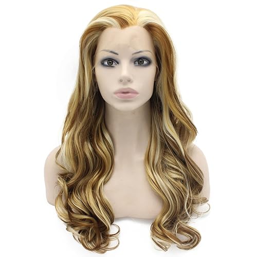 Mxangel - Peluca de cabello sintético largo ondulado con reflejos rubios y encaje frontal, media mano atada a mano, resistente al calor, de 24