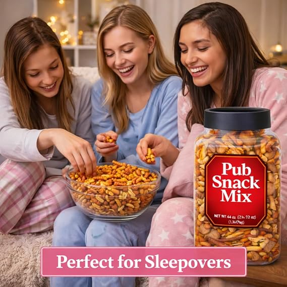 Pub Snack Mix Crunch Assortment 44 Oz Party Size Savory Snack - Honey Mustard Cheddar Cheese Pretzel Sesame Chips Rice Cracker Nacho Bagel Worcestershire Rye
