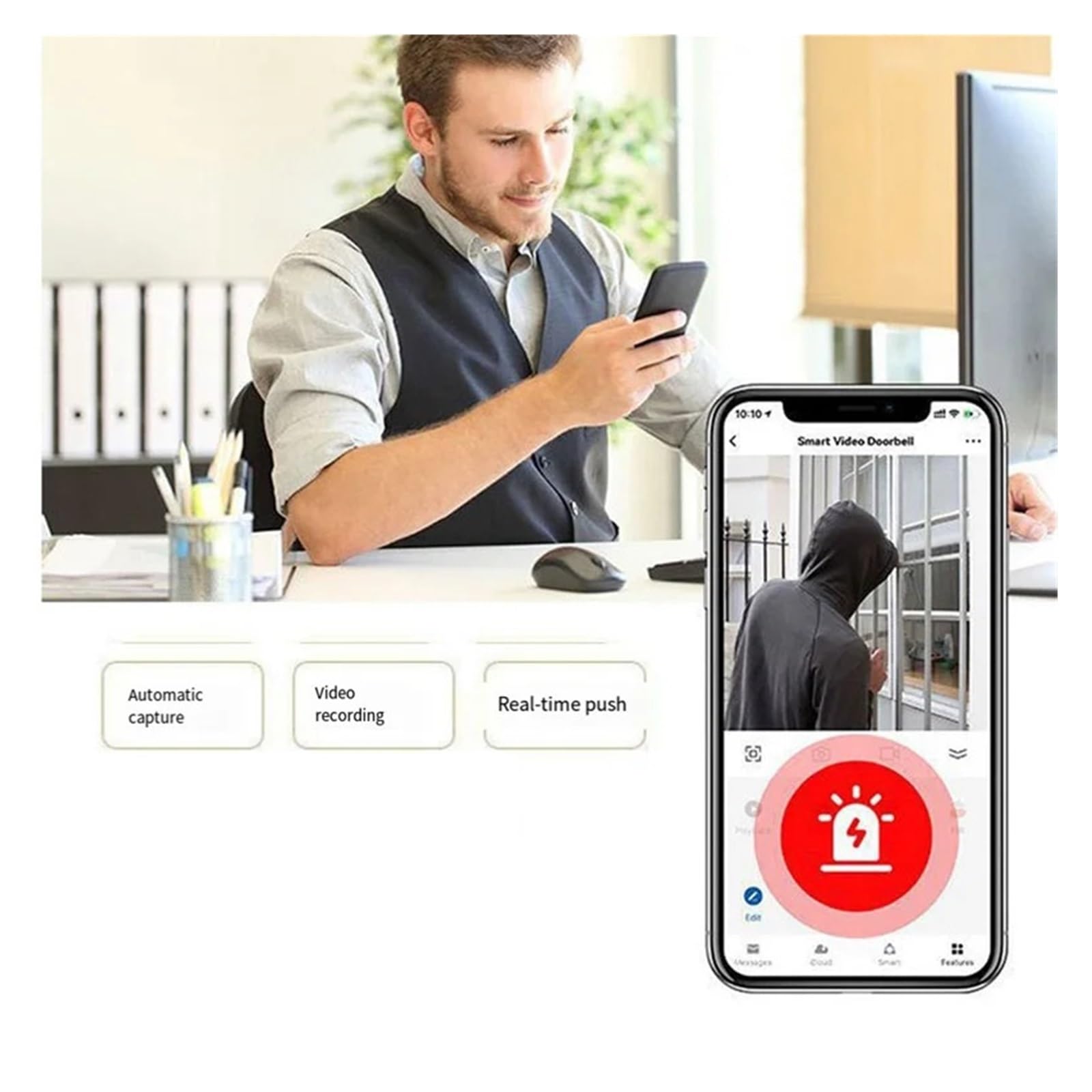Timbre con vídeo Inteligente Timbre WiFi, Timbre Visual, Almacenamiento en la Nube, Control Remoto por teléfono móvil, Portero automático antirrobo oficinas y hogares