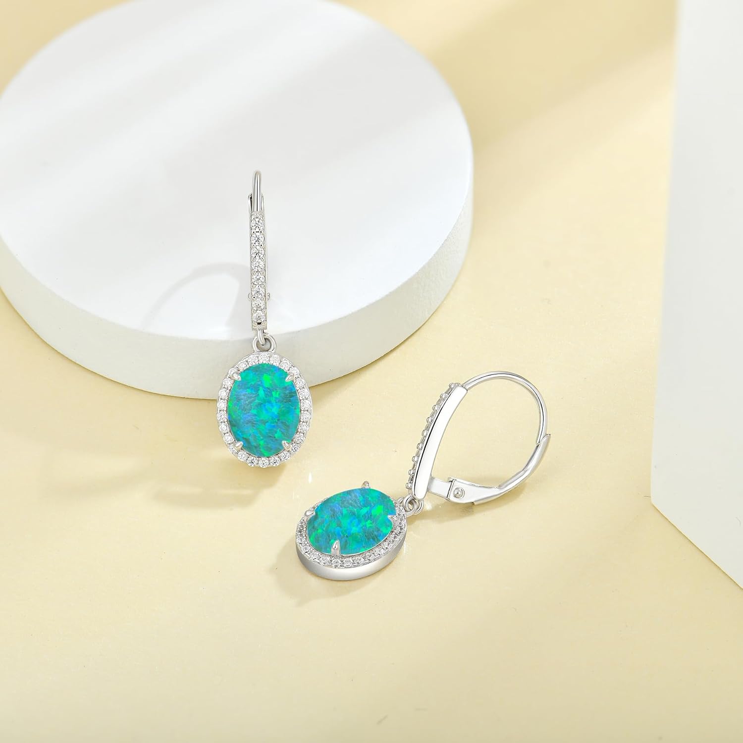 JO WISDOM White Blue Green Pink Opal Earrings 925 Sterling Silver Drop Oval Gemstone Earrings October Birthstone Dangle Earrings Jewelry Valentine's Day Gift for Women - Image 4