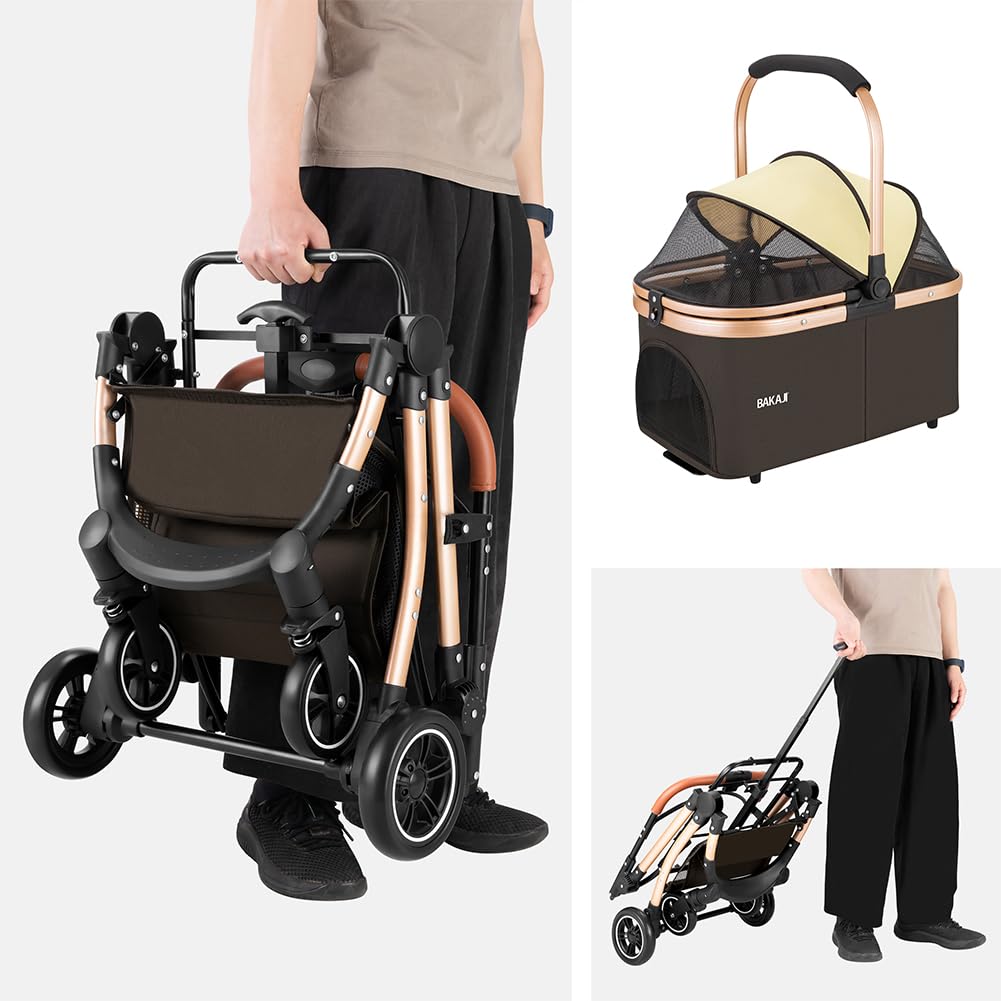 BAKAJI Passeggino per Cani e Gatti 2in1 con Navicella Rimovibile e Chiusura Salvaspazio, Carrozzina Animali Domestici con Capsula Trasportino Rimovibile e Tettuccio Apribile, Peso Max. 50kg (Marrone)