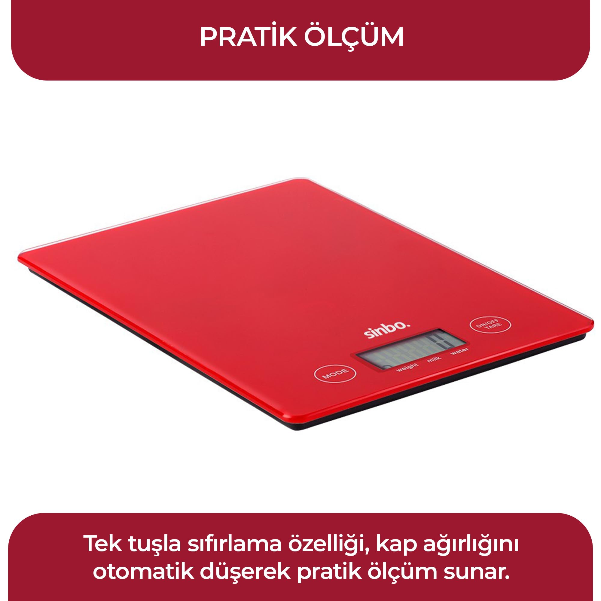 Sinbo SKS - 4526 Dijital Hassas Mutfak Tartısı – LED Göstergeli Terazi - Cam Gövdeli, Gram Ölçüm Tartı (Kırmızı)