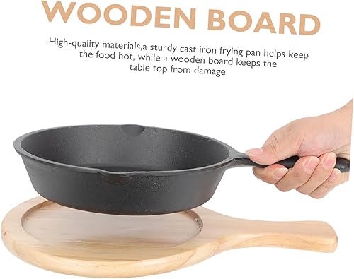 Miniatura 3 de Sartén antiadherente de hierro fundido grueso con mango y tabla de madera, calentamiento rápido para tortilla y carne para cocina y uso doméstico