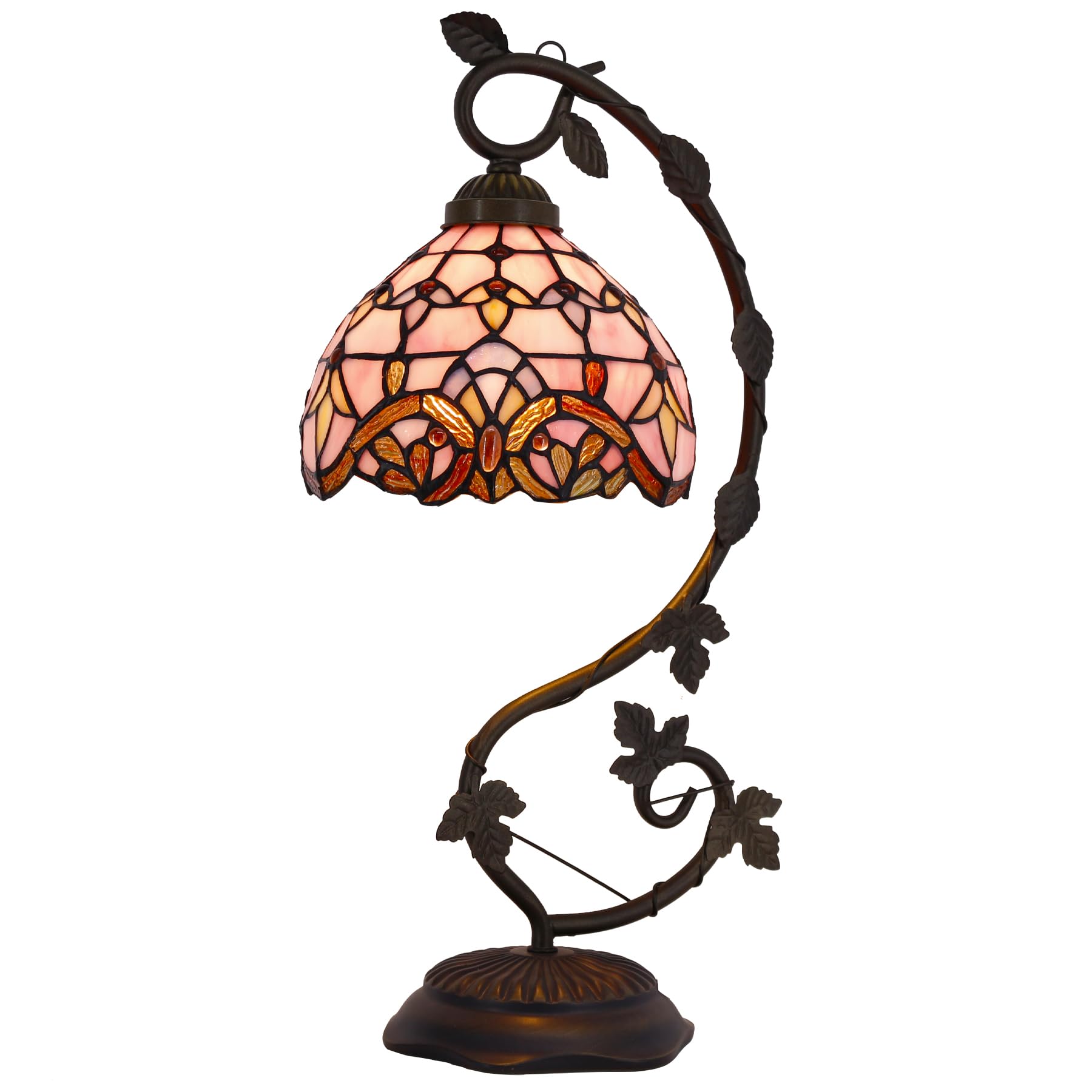 WERFACTORY Tiffany Table Lamp Pink Stained Glass Baroque Style Reading Desk  Light, Metal Leaf Base 8X10X21 Inches Decor Small Space Bedside Bedroom