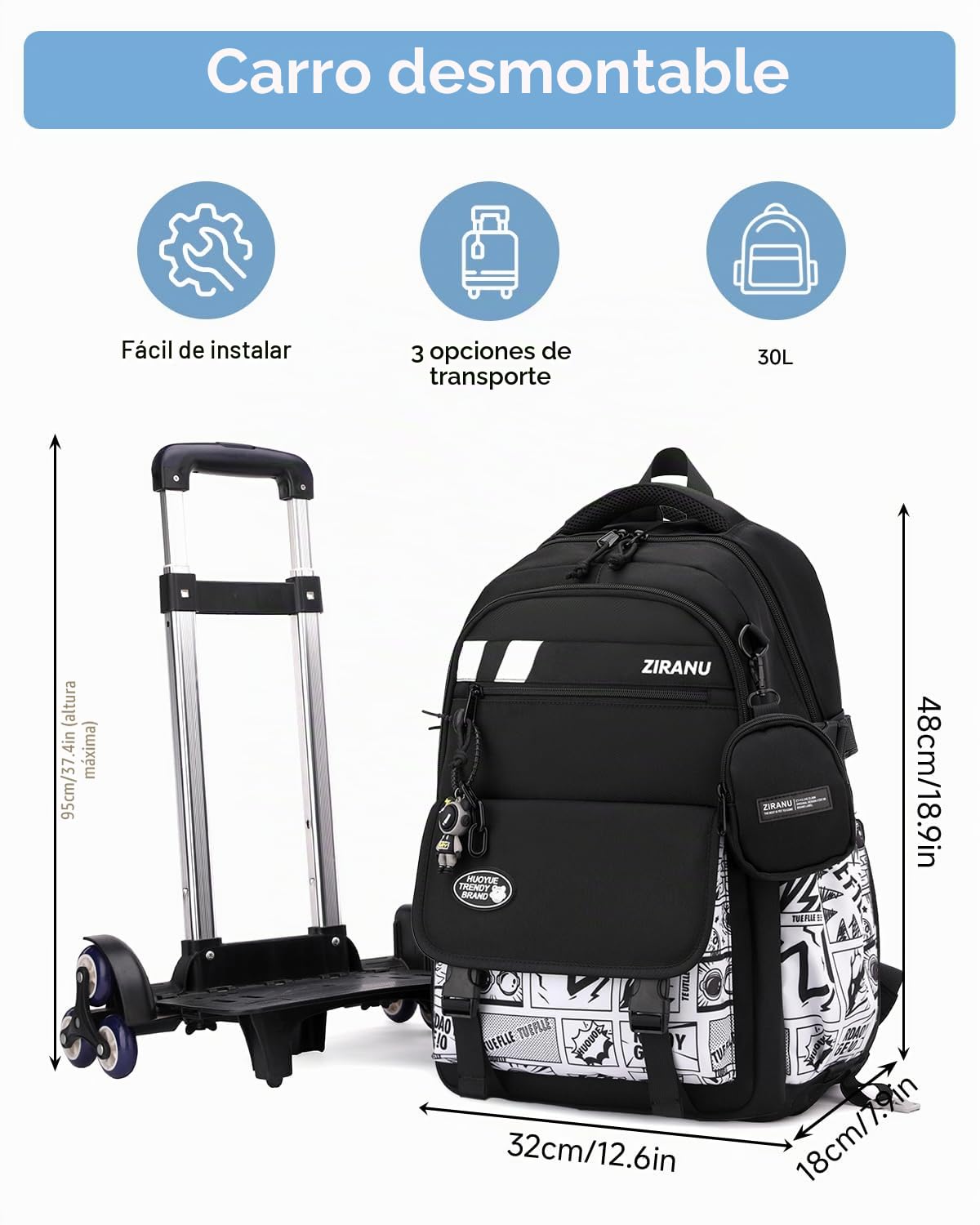 Tanou Mochila con Ruedas Niño de Instituto, 6 Ruedas, 28L | Mochilas Escolares Grandes para Adolescentes con Carro, Trolley Desmontable para Chico con Monedero, Negro