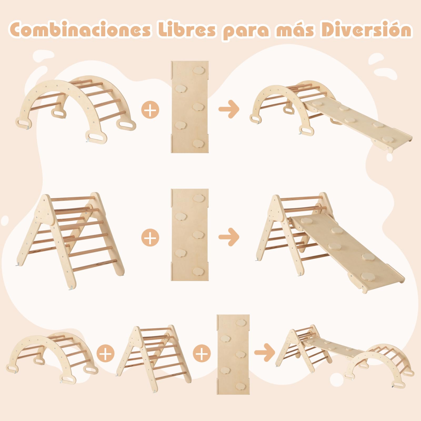 COSTWAY 7 en 1 Triángulo de Escalada de Madera para Niños, Juego de Escalada con Triángulo/Arco/Rampa para Deslizarse o Escalar, Set de Escalada Montessori para Niños 1+ Año, Natural (Ancho 55cm)