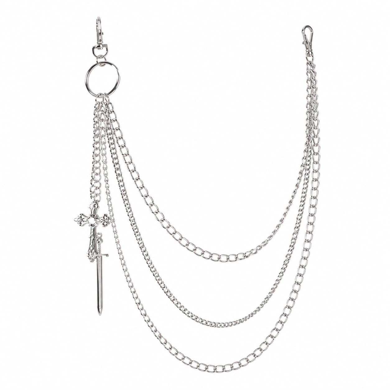 Multilayer Silver Pants Chain with Cross and Sword Charms, Gothic Style Jeans Wallet Chain-image-47