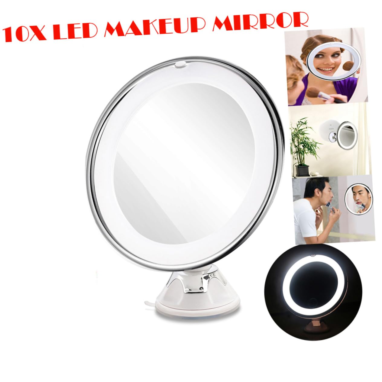 Espejo de Maquillaje con Aumento y Luz LED Espejo de Tocador Redondo Ventosa para Baño y Cosmética