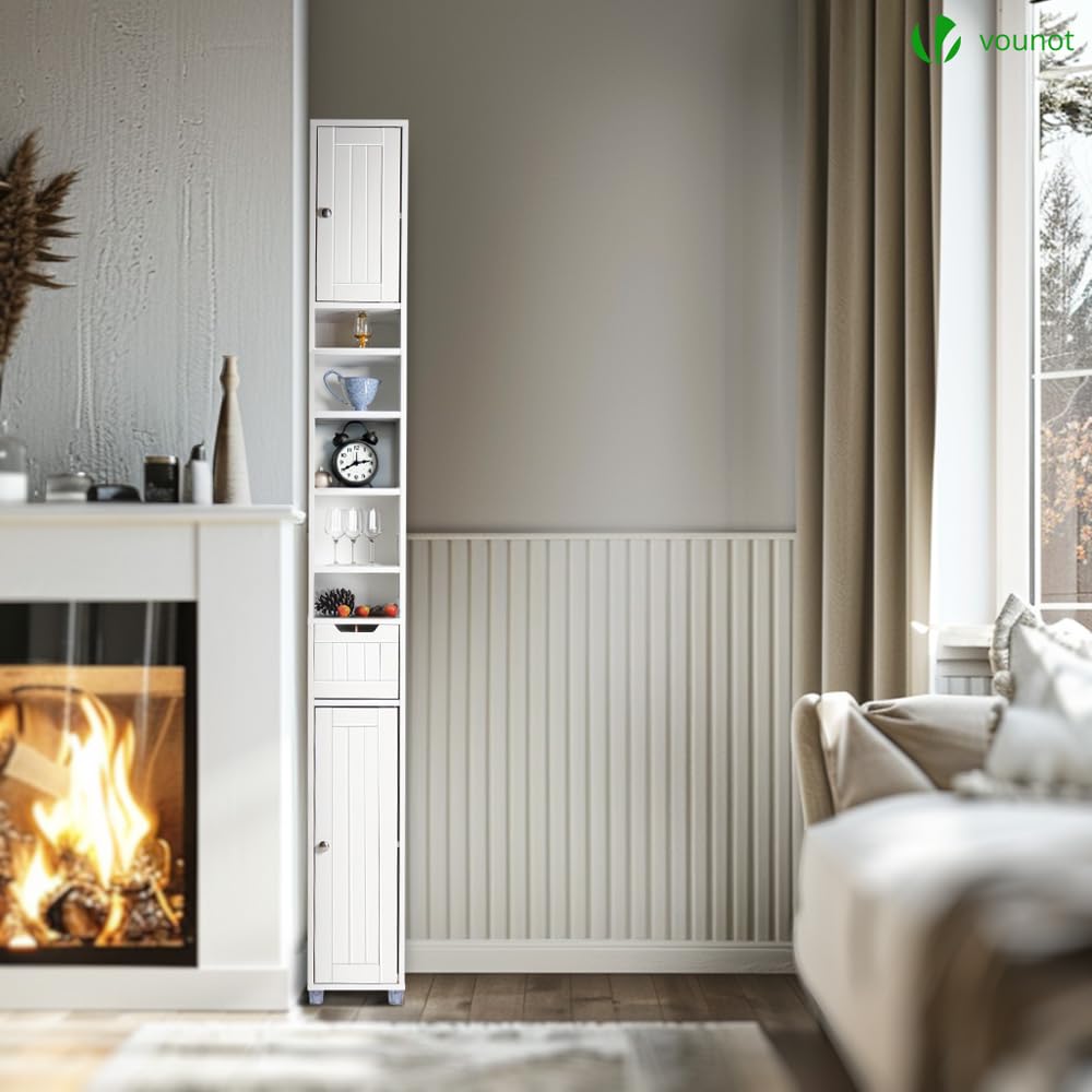 VOUNOT® Armario para Baño Alto Mueble Columna de Baño, Estanterías con 2 Puertas y 1 Cajón, Estantes Ajustables Espacio Abierto, Mueble Auxiliar de Almacenaje para Salón Dormitorio, 20x20x180cm,Blanco