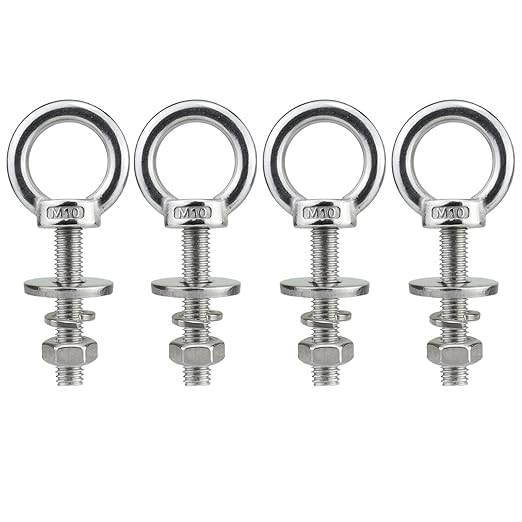 M10 Stainless Steel Eye Bolts with Nuts 4 Pack, M10 x 50mm (3/8" x 2 inch) Long Shoulder Lifting Eye Bolt for Swing Board, Heavy Duty Threaded Ring Screw Eyebolts for Tie Down Straps Outdoor