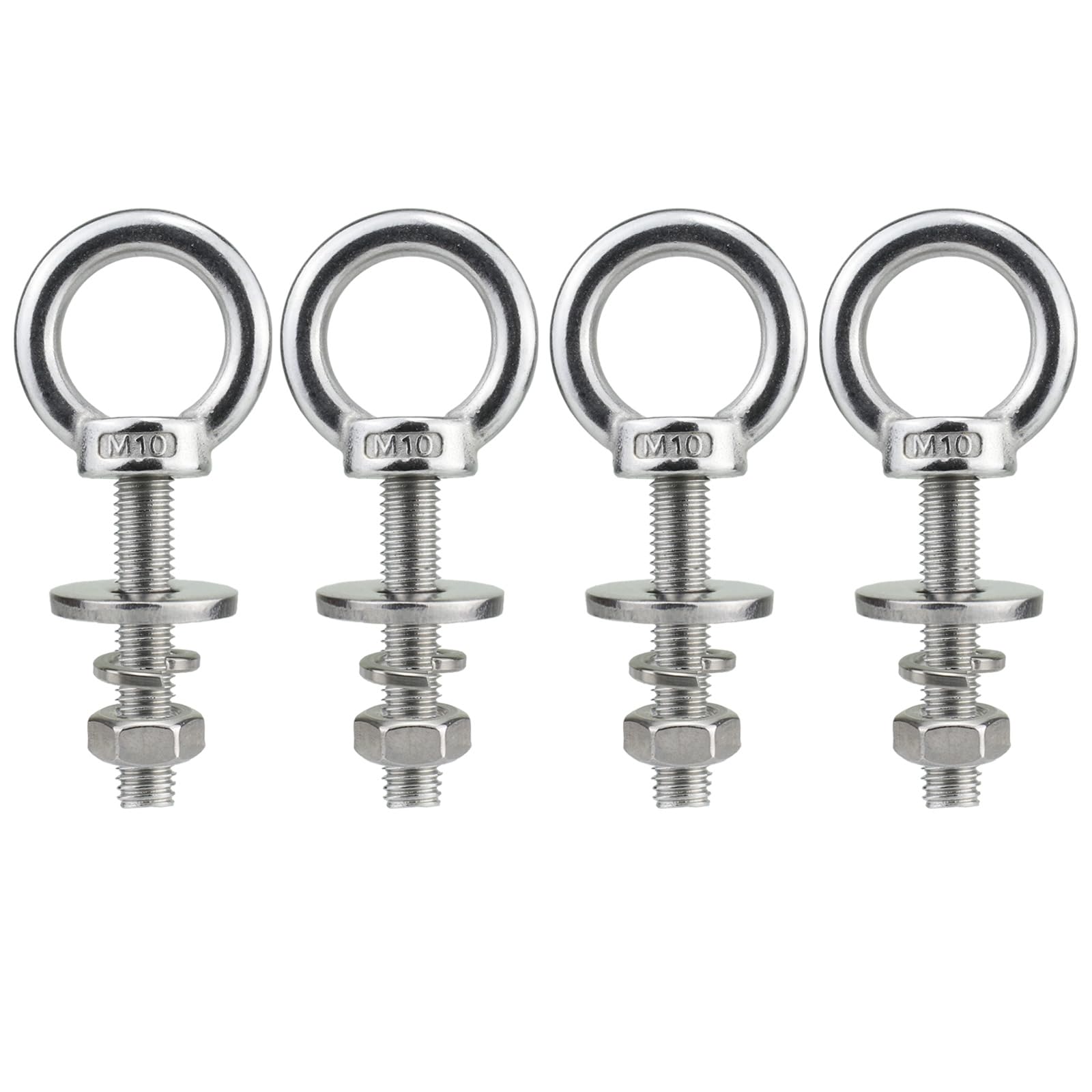 QWETRY M10 Stainless Steel Eye Bolts with Nuts 4 Pack, M10 x 50mm (3/8" x 2 inch) Long Shoulder Lifting Eye Bolt for Swing Board, Heavy Duty Threaded