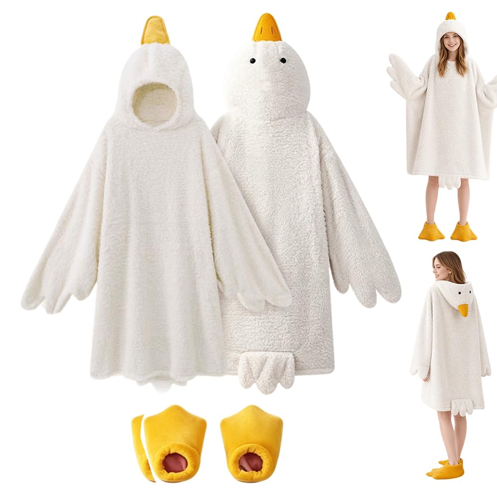 Big White Goose Wearable Blanket with Shoes, Goose Blanket Hoodie Onesie