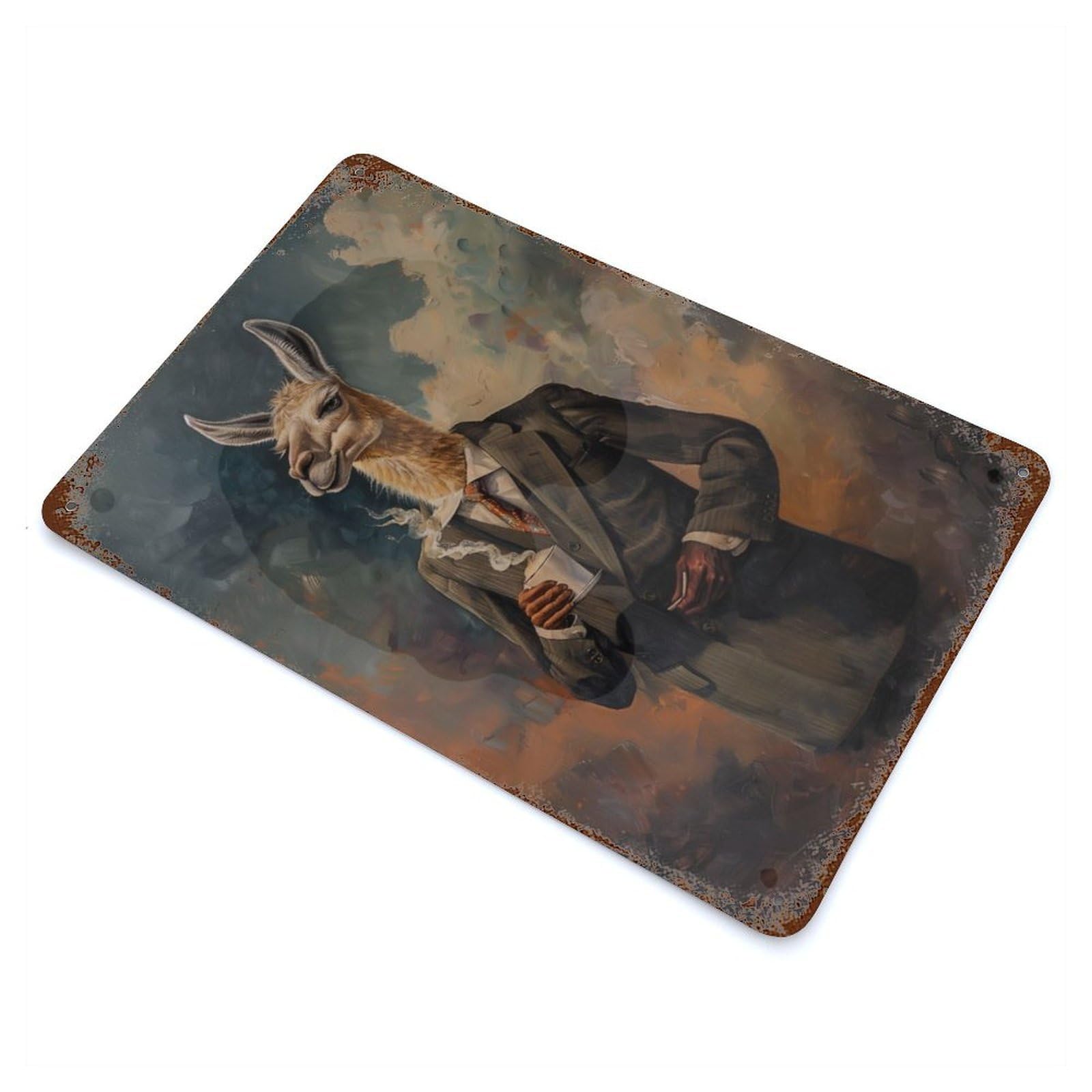 Funny Llama Suit Coffee Rust Effect Tin Sign 11.8"x7.9", Industrial Home Decor for Garage, Bar And Workshop Decor