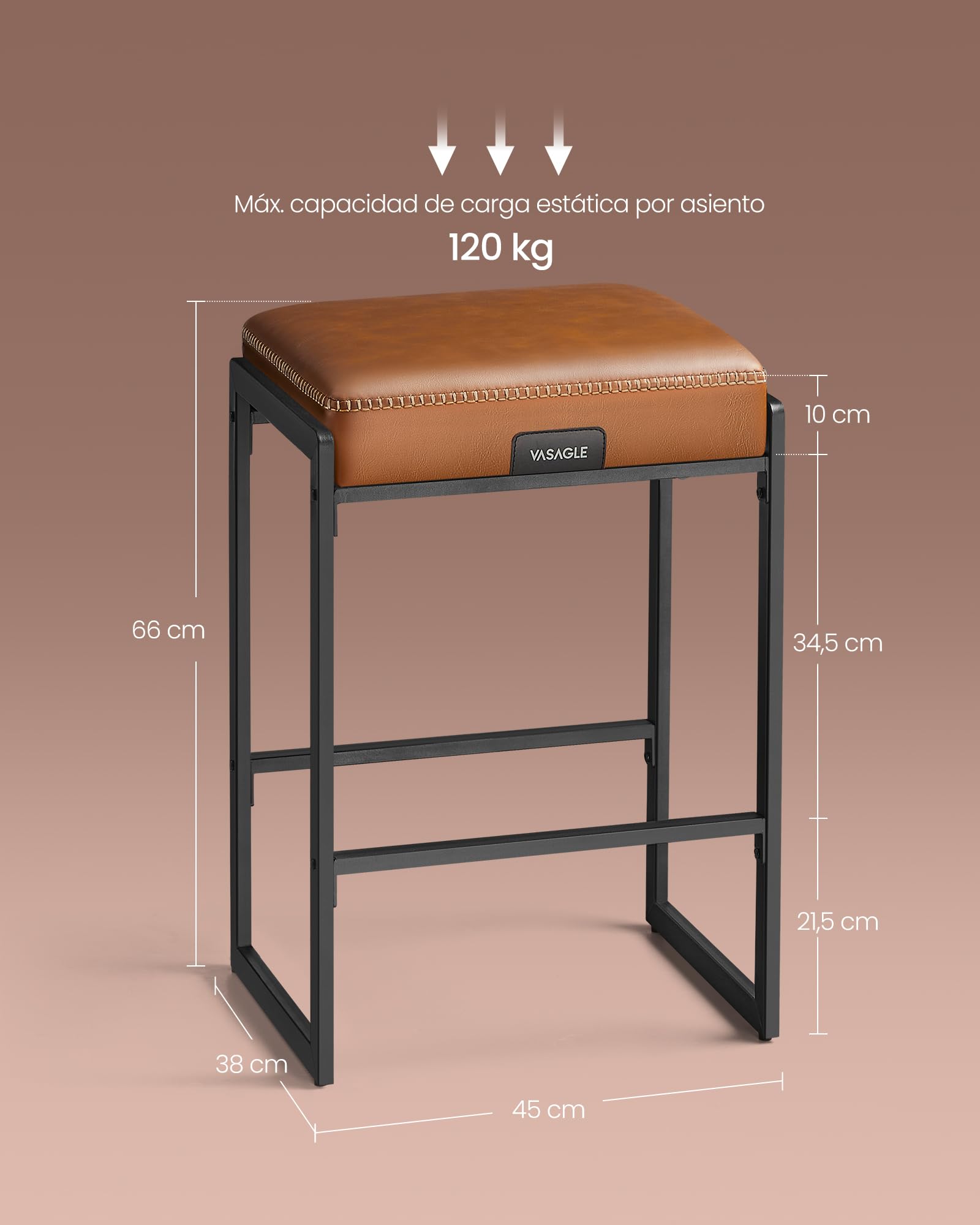 VASAGLE EKHO Colección - Juego de 2 Taburetes de Bar, Taburetes de Cocina, Cuero Sintético con Costuras, Moderno Siglo Medio, 66 cm de Alto, Bar Casa, Comedor, Fácil montaje, Marrón Caramelo LBC086K01