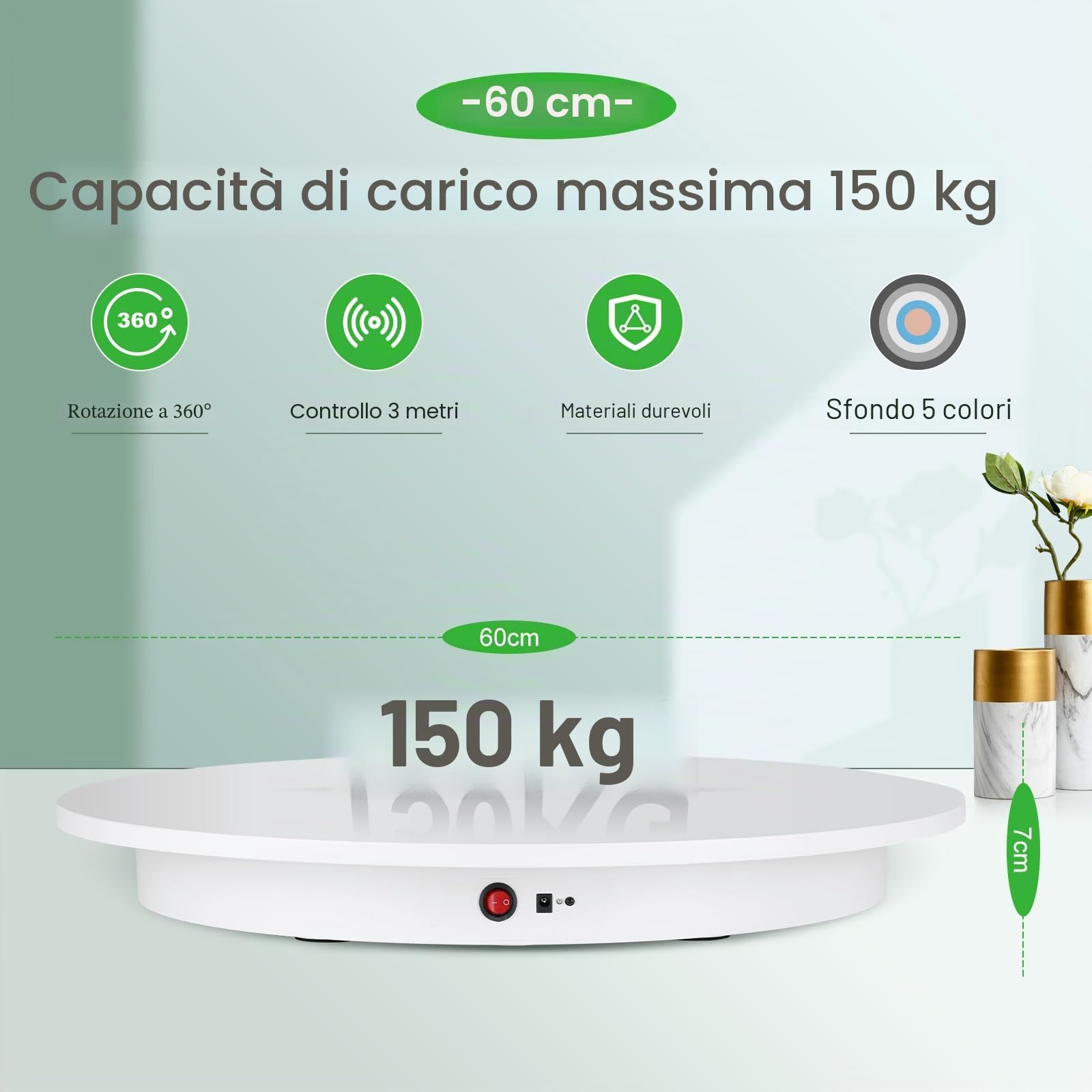 YJINGRUI Piatto girevole elettrico da 60 cm, piatto girevole elettrico per fotografia, piatto girevole con telecomando, portata 150 kg, angolo di velocità e direzione regolabili (bianco)