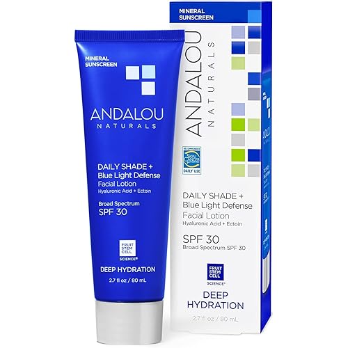 Andalou Naturals Face Sunscreen, SPF 30 Daily Shade + Blue Light Defense Facial Lotion, Broad Spectrum Protection, Deeply Hydrating Mineral Sun Block with Hyaluronic Acid & Zinc Oxide, 2.7 Fl Oz