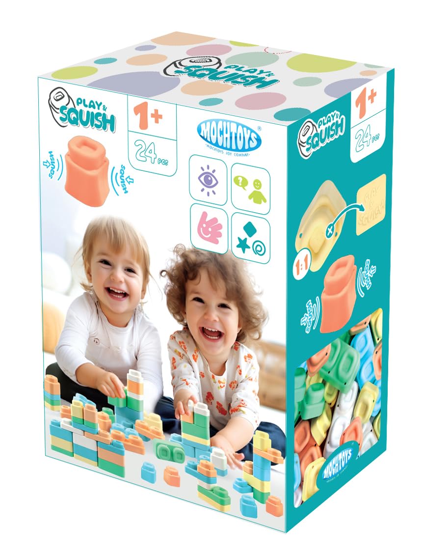 Mochtoys Zestaw Do Zabawy, 24 Kolorowe Klocki, Pastelowe Barwy, Rozwijające Zdolności Motoryczne i Sensoryczne, Kompatybilne z Serią Play&Squish, Dla Dzieci Od 1 Roku Życia