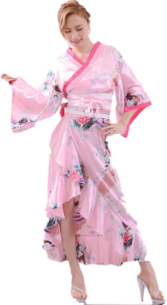 Amazon Co Jp 着物ドレス 花魁 コスプレ衣装 浴衣 祭り 結婚式 サテン ダンス衣装 よさこい衣装 和服 ロングドレス キャバドレス あすつく 和柄フリル花魁着物ドレス ピンク ホビー