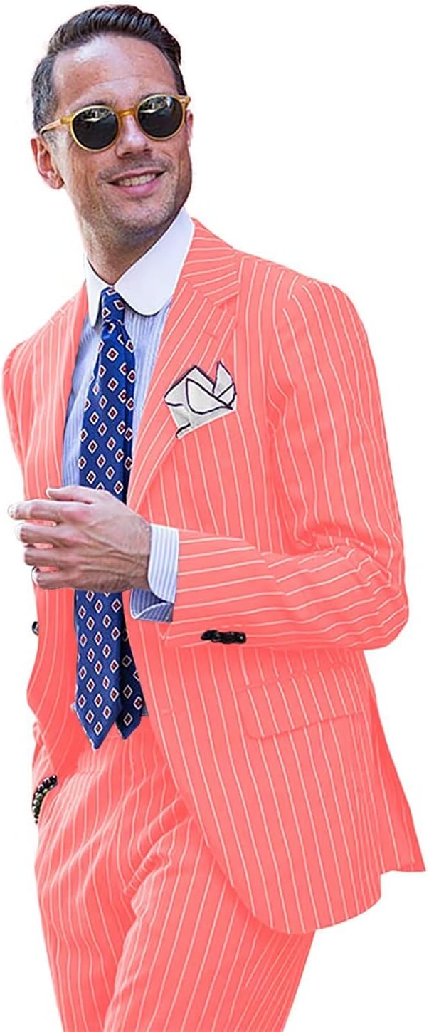 Slim Fit Pinstripe Suit for Men 2 Piece Suit Men 2 Button Blazer and Pants for Wedding Prom Formal Business
