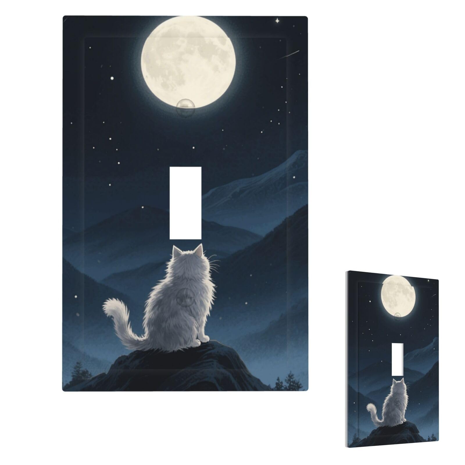 Lonely Cat Moon Wall Plate Cover Modern Decorative 1 Gang Light Switch Cover Unbreakable Receptacle Outlet Covers For Living Room Bedroom Home Decor Single Toggle