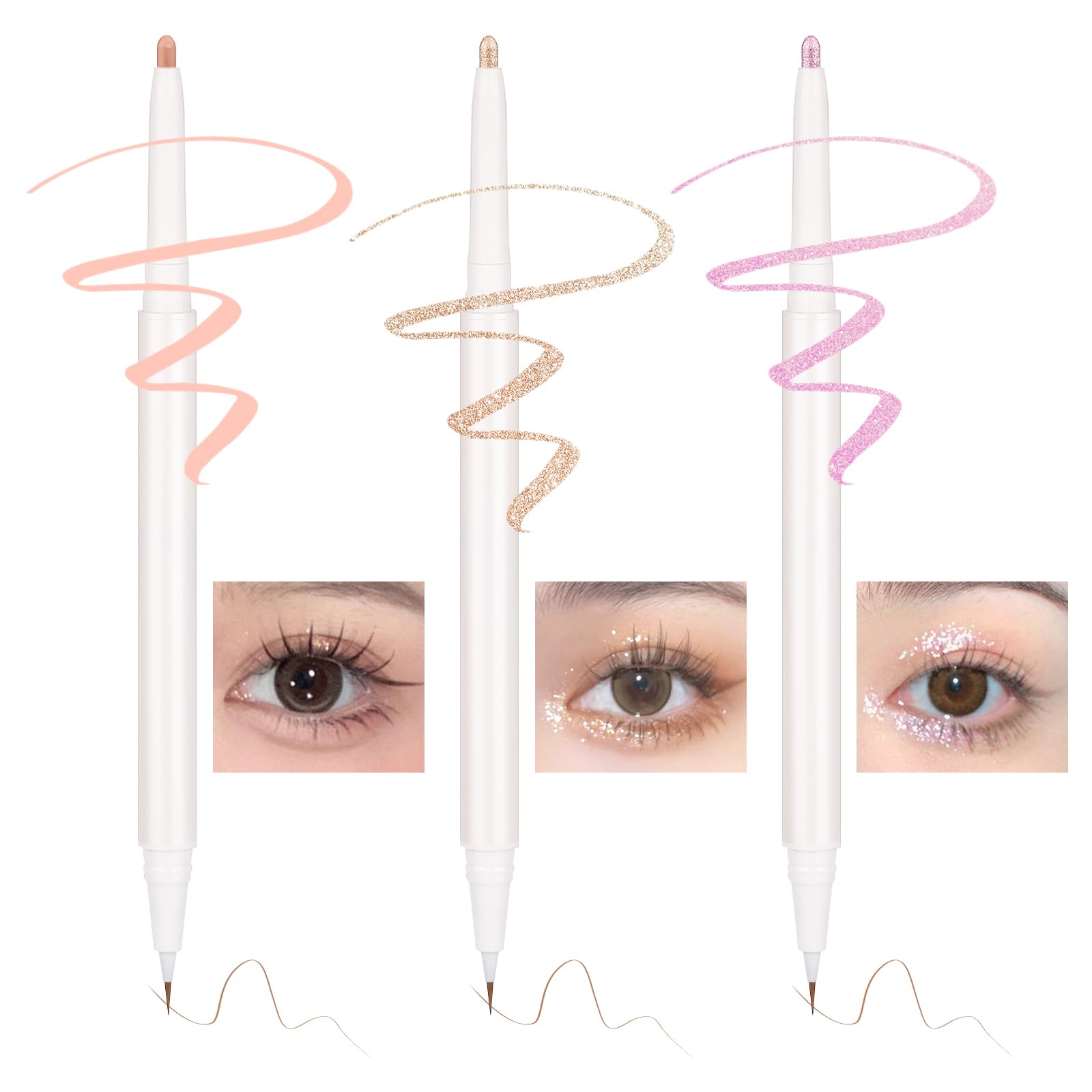 3PC Dual Ended Highlighter Makeup Pen, Glitter & Matte Nude EyeLiner & Eyeshadow, Contour liquid Liner 2 in 1 Eye Brightener Stick, Mulit-Funtiona Lying Silkworm Pencil (#01, #03, #04) 280_01_03_04
