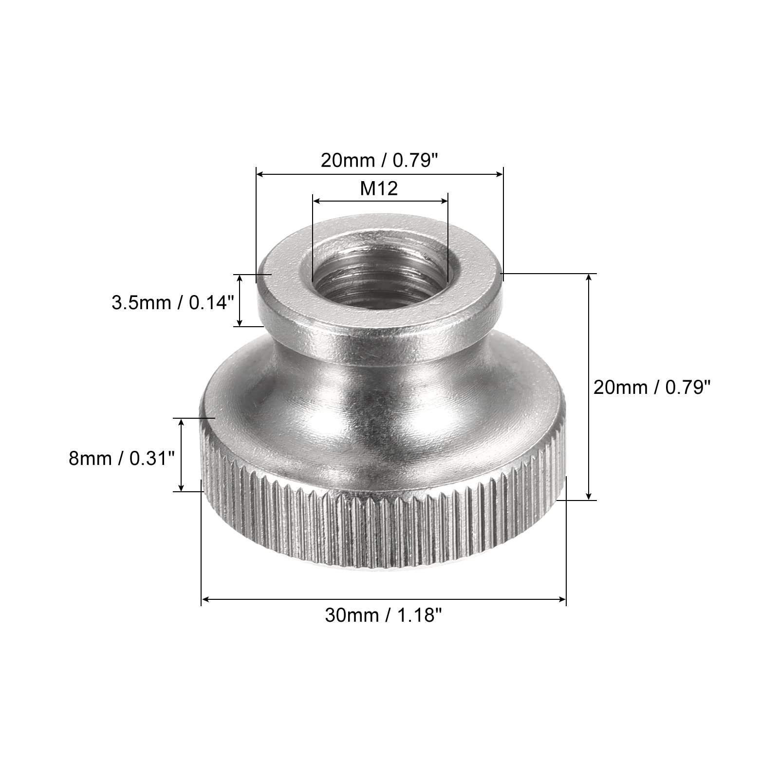 sourcing map Lot de 4 écrous moletés en acier inoxydable 304 M12 x 30 x 20 mm