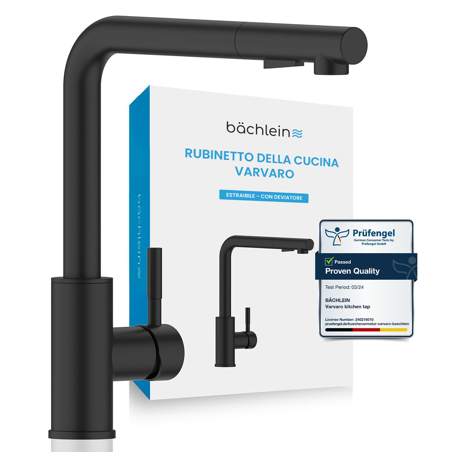 Bächlein Rubinetto da Cucina Girevole a 360 Gradi Colore Nero Opaco Rubinetto Singolo per Lavello con Tubo Flessibile Estensibile e Soffione Doccia con Rubinetto Interruttore per la Cucina