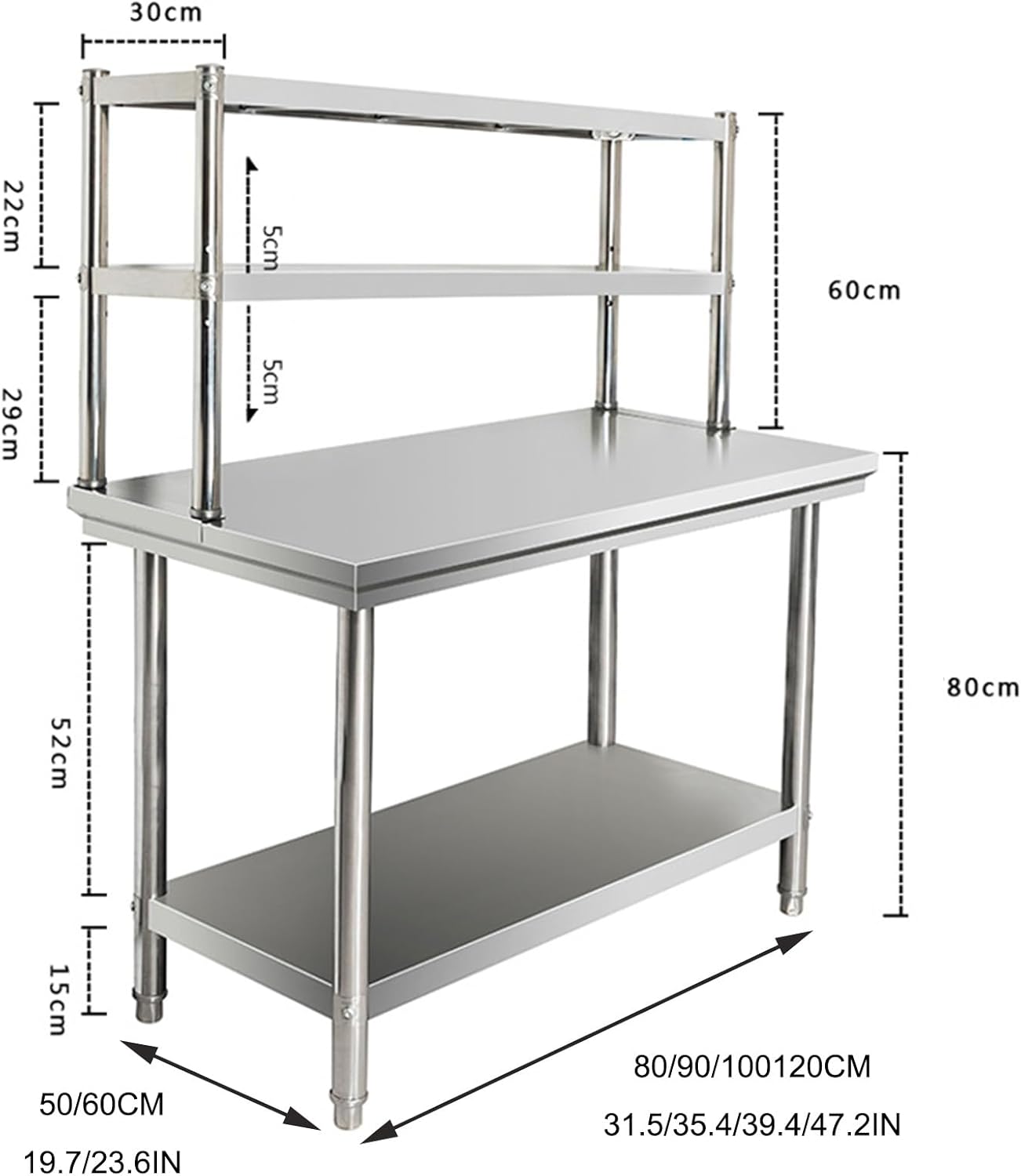 Heavy Duty Stainless Steel Prep Table with Double Tier Overshelf, Commercial Kitchen Workstation for Home, Restaurant & Hotel, 90x60x80cm - Silver