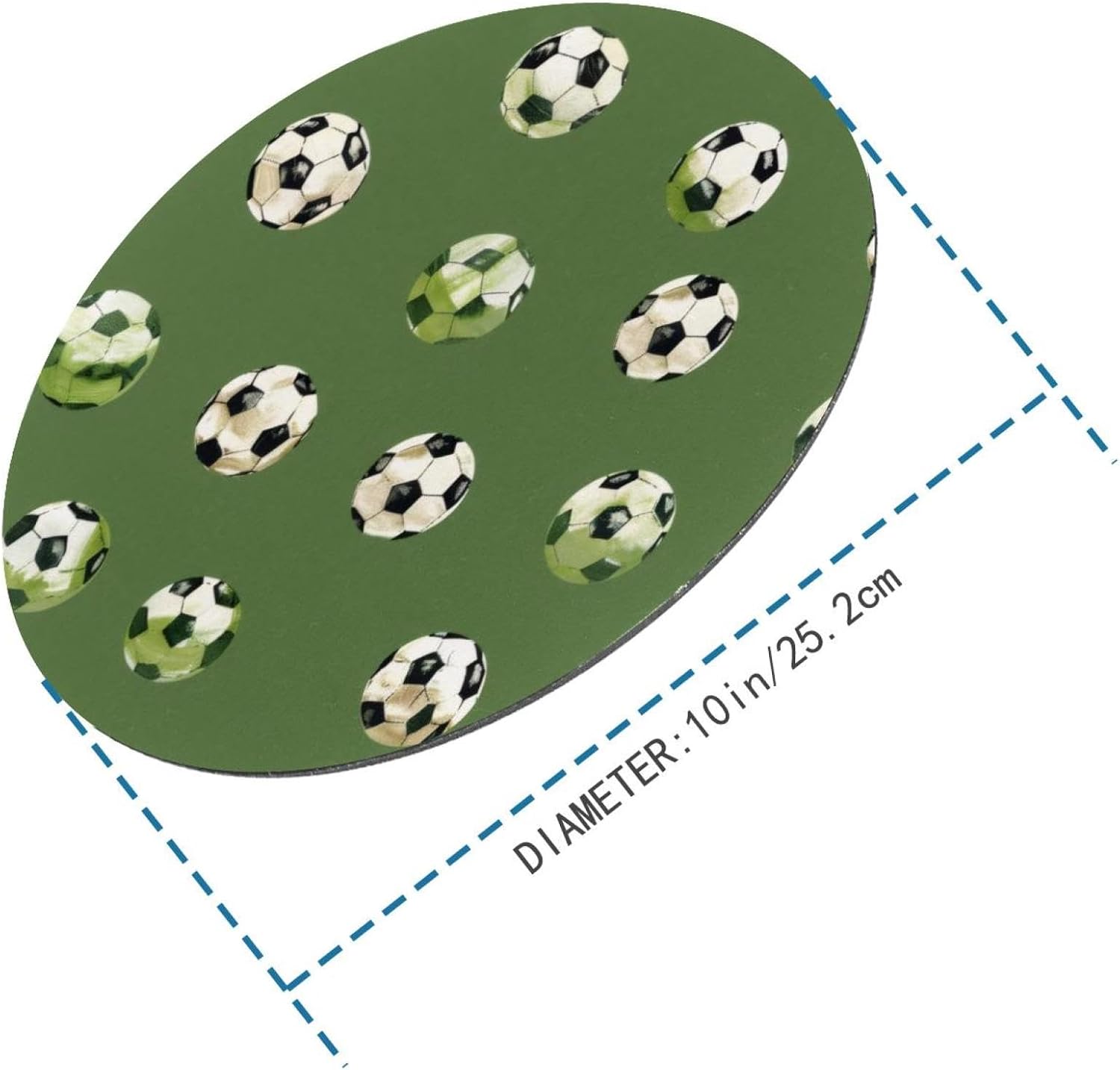 Round Mouse Pad for Women Men, 10’’ Round Desk Pad Mousepad Non-Slip Rubber Base, Office Home Laptop Accessories, Football Soccer Balls Pattern Green image 3
