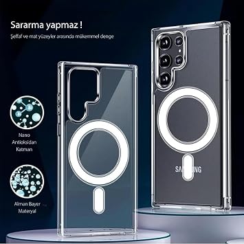 PSR Aksesuar Samsung Galaxy S23 Ultra MagSafe Uyumlu Şeffaf Kılıf – Manyetik Kablosuz Şarj Destekli, Darbe Emici ve Dayanıklı Koruma, İnce ve Hafif Tasarım