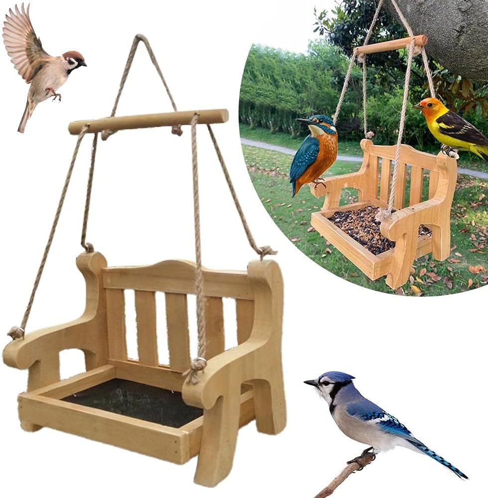 Window Bird Feeder Swing Wooden Wild Bird Feeders Chair Shape Birdfeeders Birdhouse for Outside, Outdoors Hanging