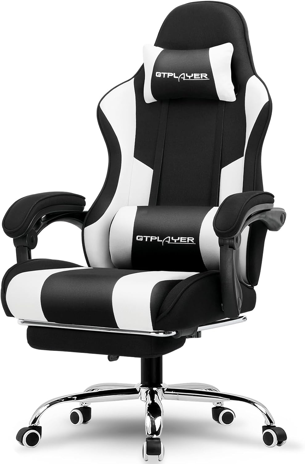 GTPLAYER Gaming Chair, Computer Chair with Footrest and Lumbar Support, Height Adjustable Game Chair with 360°-Swivel Seat and Headrest and for Office or Gaming (Fabric, Black White)