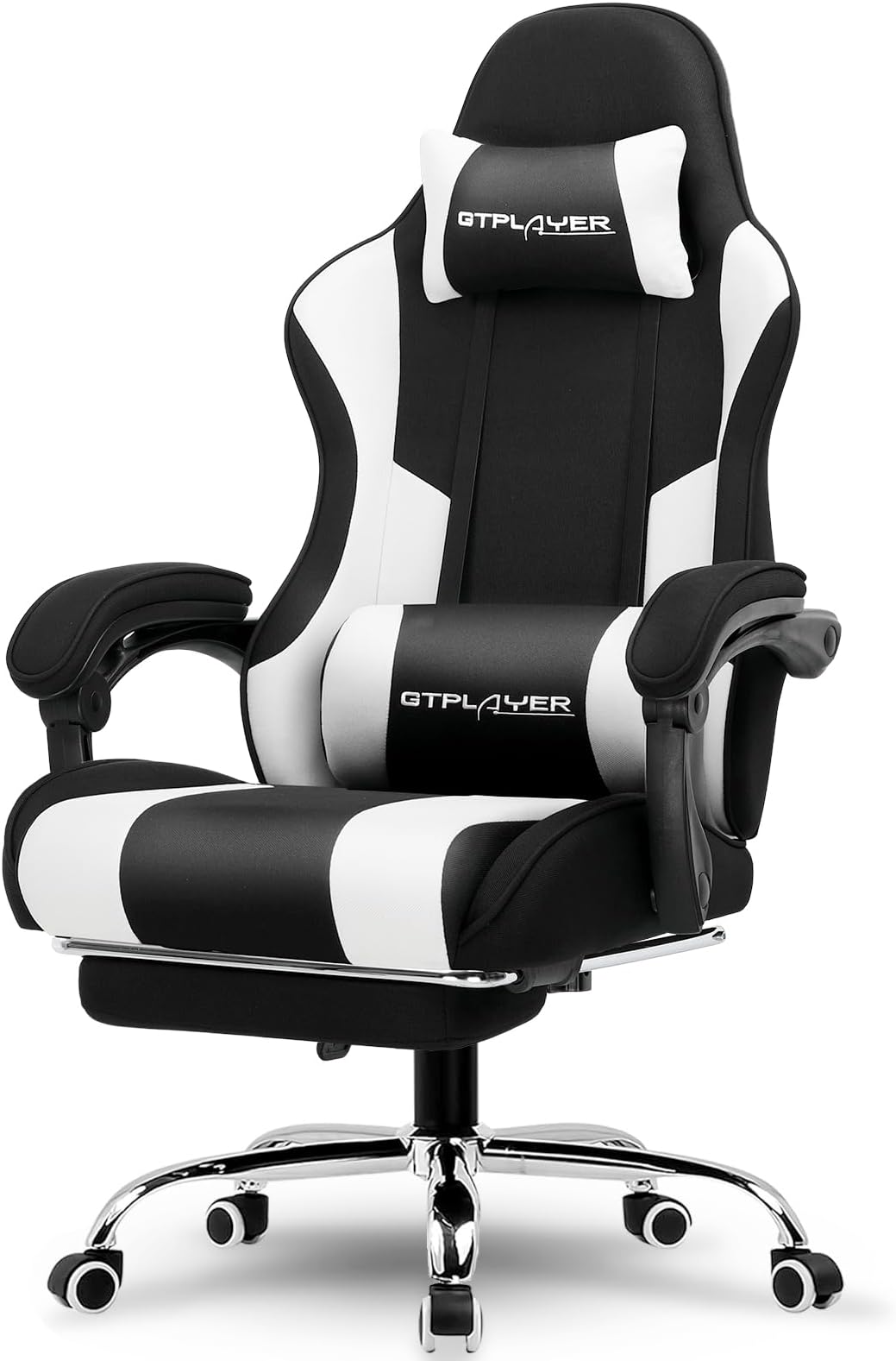 GTPLAYER Gaming Chair, Computer Chair with Footrest and Lumbar Support, Height Adjustable Game Chair with 360°-Swivel Seat and Headrest and for Office or Gaming (Fabric, Black & Light Gray)