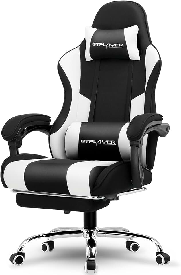 GTPLAYER Gaming Chair, Computer Chair with Footrest and Lumbar Support, Height Adjustable Game Chair with 360°-Swivel Seat and Headrest and for Office or Gaming (Fabric, Black White) The Forest Stewardship Council
