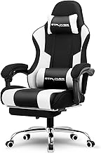 GTPLAYER Gaming Chair, Ergonomic Office Chair, with Massaging Footrest and Lumbar Support, Adjustable Backrest 90-135°, Capacity 150 kg, Computer Chair, White-Black
