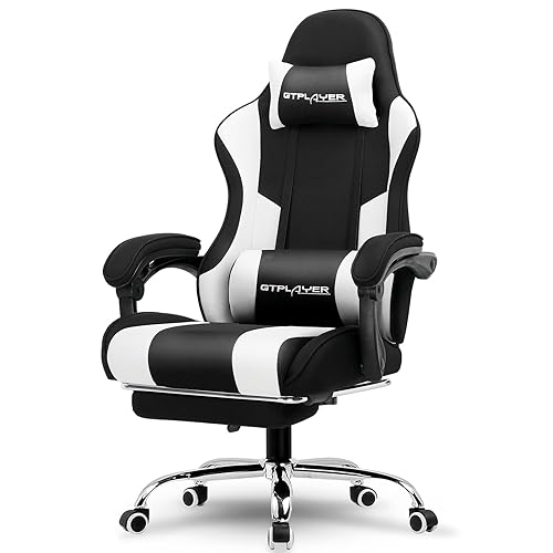 GTPLAYER Gaming Chair, Computer Chair with Footrest and Lumbar Support, Height Adjustable Game Chair with 360°-Swivel Seat and Headrest and for Office or Gaming (Fabric, Black & Light Gray) - Black & Light Gray - Textile