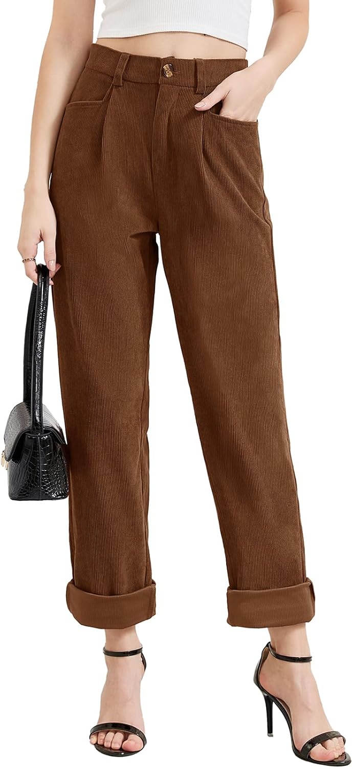Rasutina Women Corduroy Pants Casual Fall Pants High Waisted Straight Leg Pants for Women Stretchy Work Trousers with Pockets