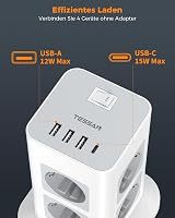 TESSAN 8 aljzatos elosztó USB-C és 4 USB porttal, túlfeszültségvédelem, 2m kábel, 3600W 3