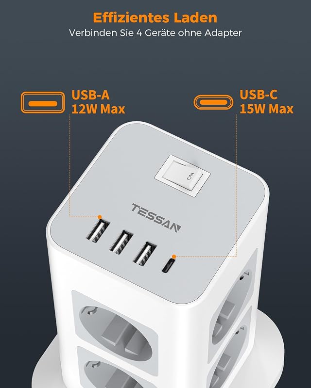TESSAN 8 aljzatos elosztó USB-C és 4 USB porttal, túlfeszültségvédelem, 2m kábel, 3600W