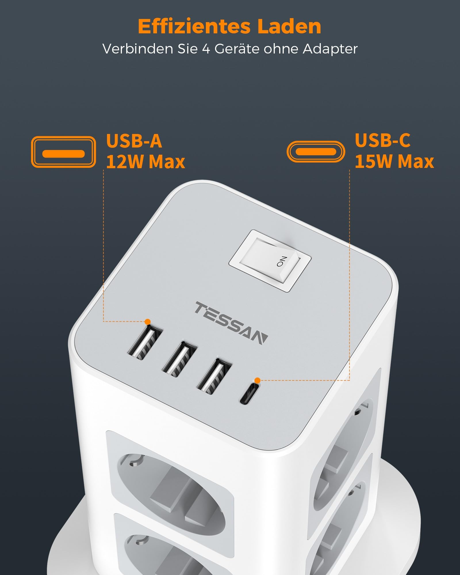 TESSAN Multiple Socket Overspanningsbeveiliging 3600W 16A, 8 Voudige Stekkerdoos, Stekkerdoos met 3 USB, Meervoudige Stekker met Verlengsnoer, Stopcontacttoren Verdeelstopcontact voor Thuis, Grijs TESSAN Multiple Socket Overspanningsbeveiliging 3600W 16A, 8 Voudige Stekkerdoos, Stekkerdoos met 3 USB, Meervoudige Stekker met Verlengsnoer, Stopcontacttoren Verdeelstopcontact voor Thuis, Grijs