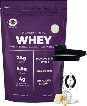 Pure-Product Australia Whey Protein Isolate & Concentrate - Protein Powder White Chocolate 1 kilogram with Glass Shaker