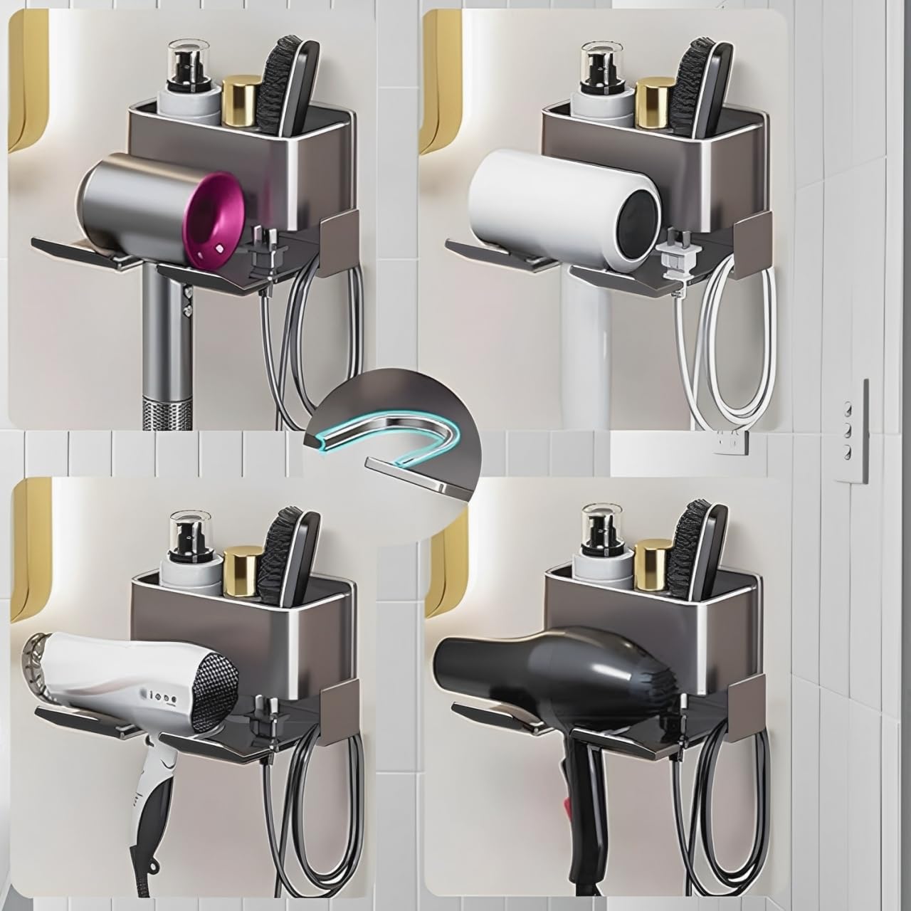 Porta Phone Bagno da Muro, Porta Asciugacapelli in Alluminio, Organizzatore di Strumenti e Accessori per Lo Styling con Gestione dei Cavi, Adatto per Bagno e Salone