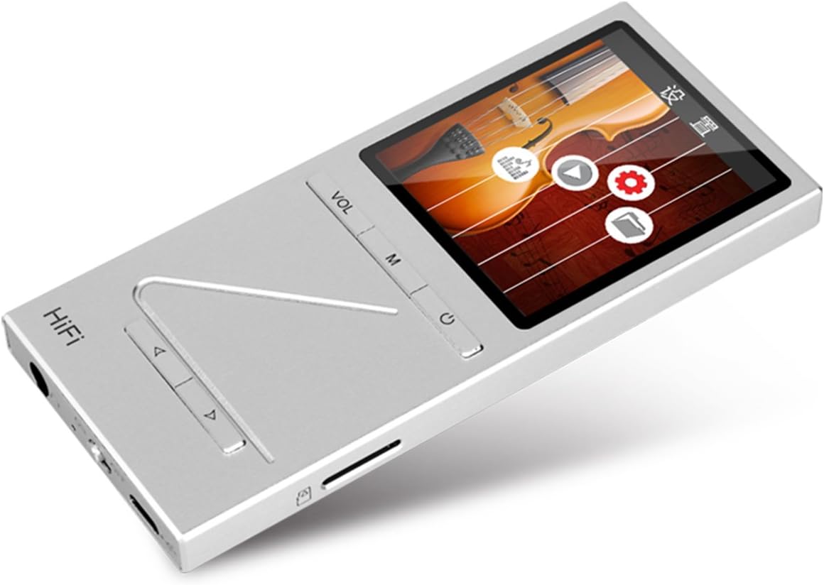 En angle view of the ONN X5 HiFi Music Player with its screen displaying menu icons.