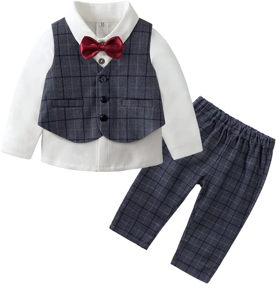 MYGBCPJS Toddler Boys Gentleman Outfits Infant Baby 3 Pcs Long Sleeve Shirt Bowtie + Vest + Elastic Waist Pants Tuxedo Suit