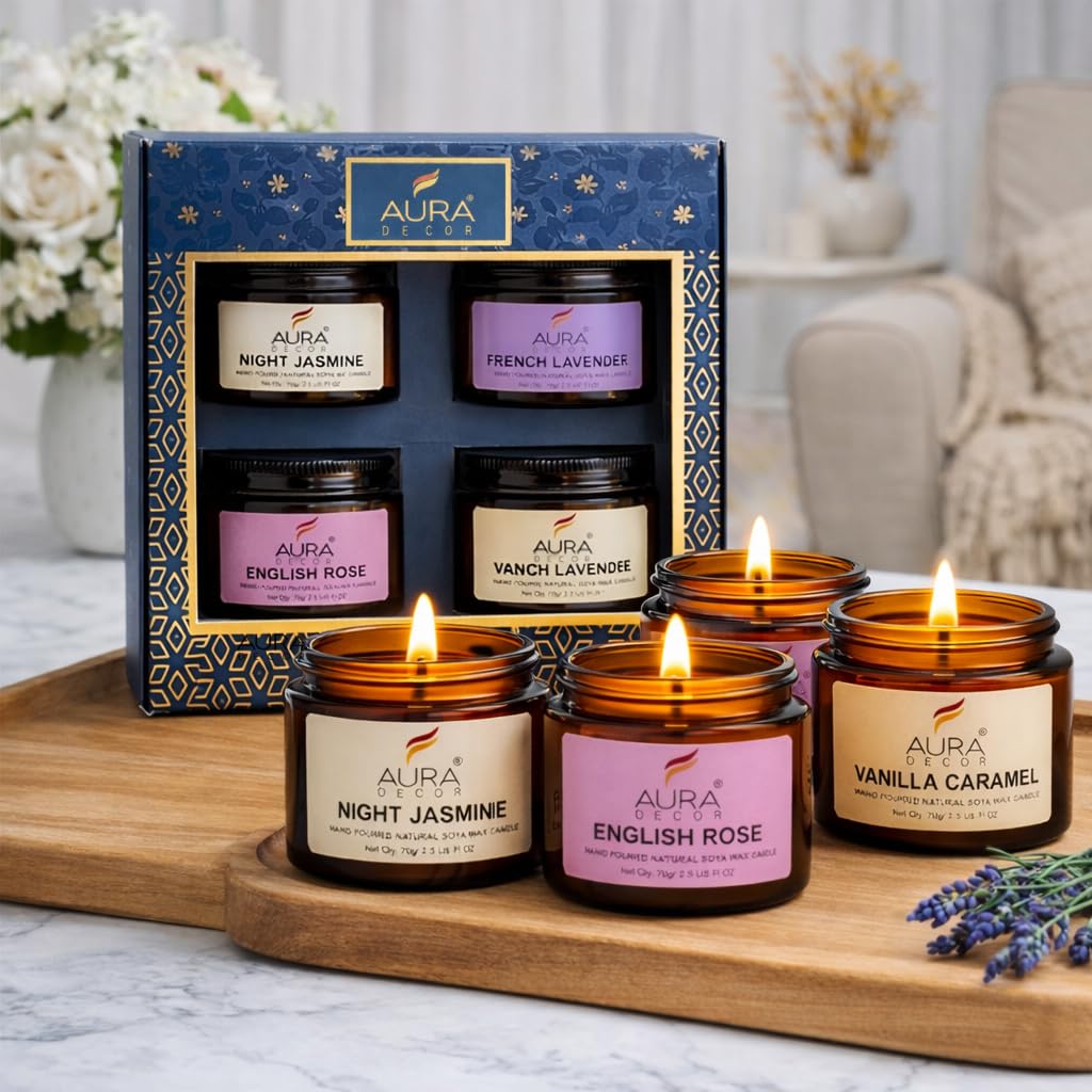 AuraDecor Set of 4 Scented Amber Jar Candles in Soy Wax || Burning Time 25 Hours Each || Soy Wax || Paraben Free || EnglishRose, Vanilla Caramel, Night Jasmine, French Lavender (Pack of 4)-image-1