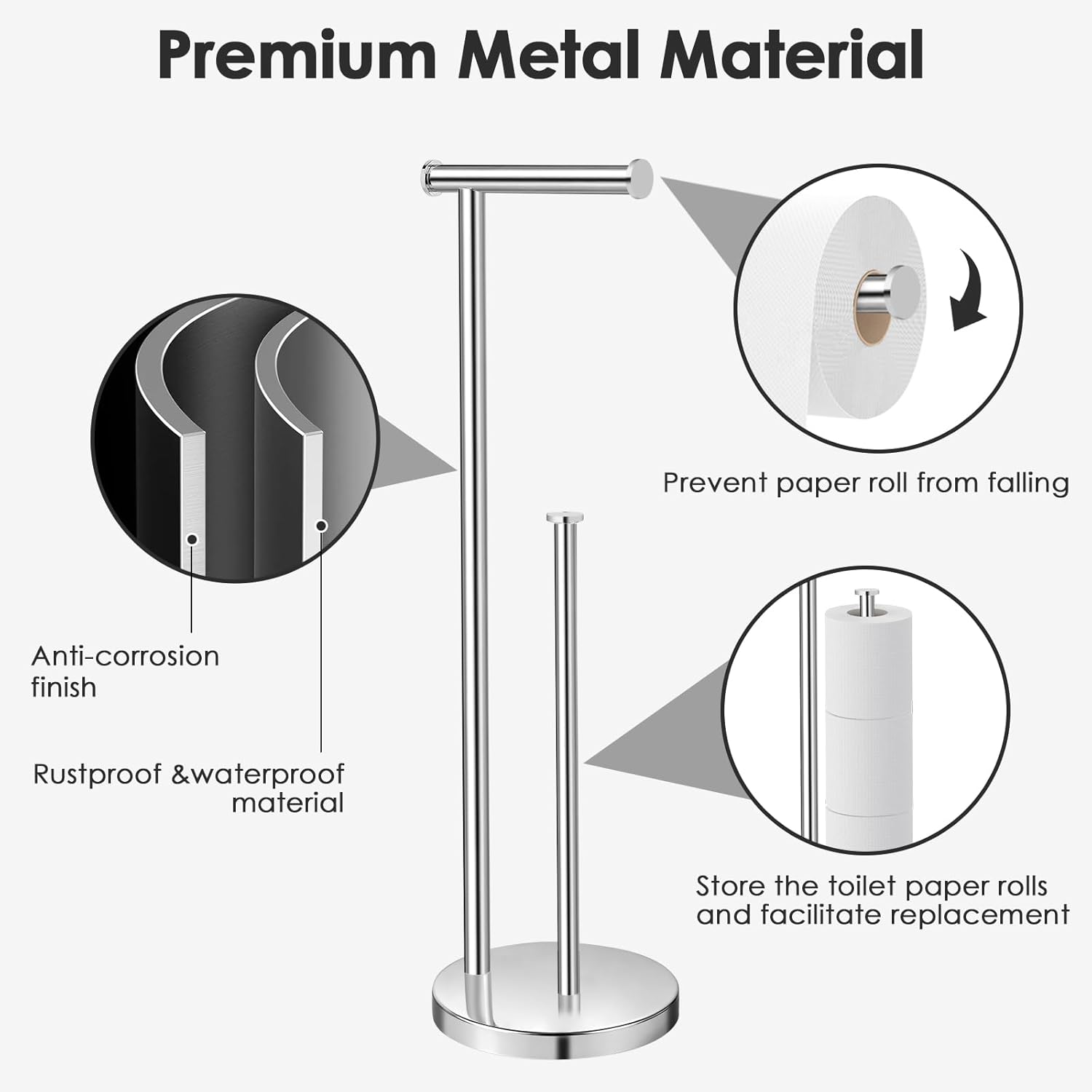 Toilet Paper Holder Stand White Chromium, Rustproof & Waterproof Free Standing Toilet Paper Roll Holder
